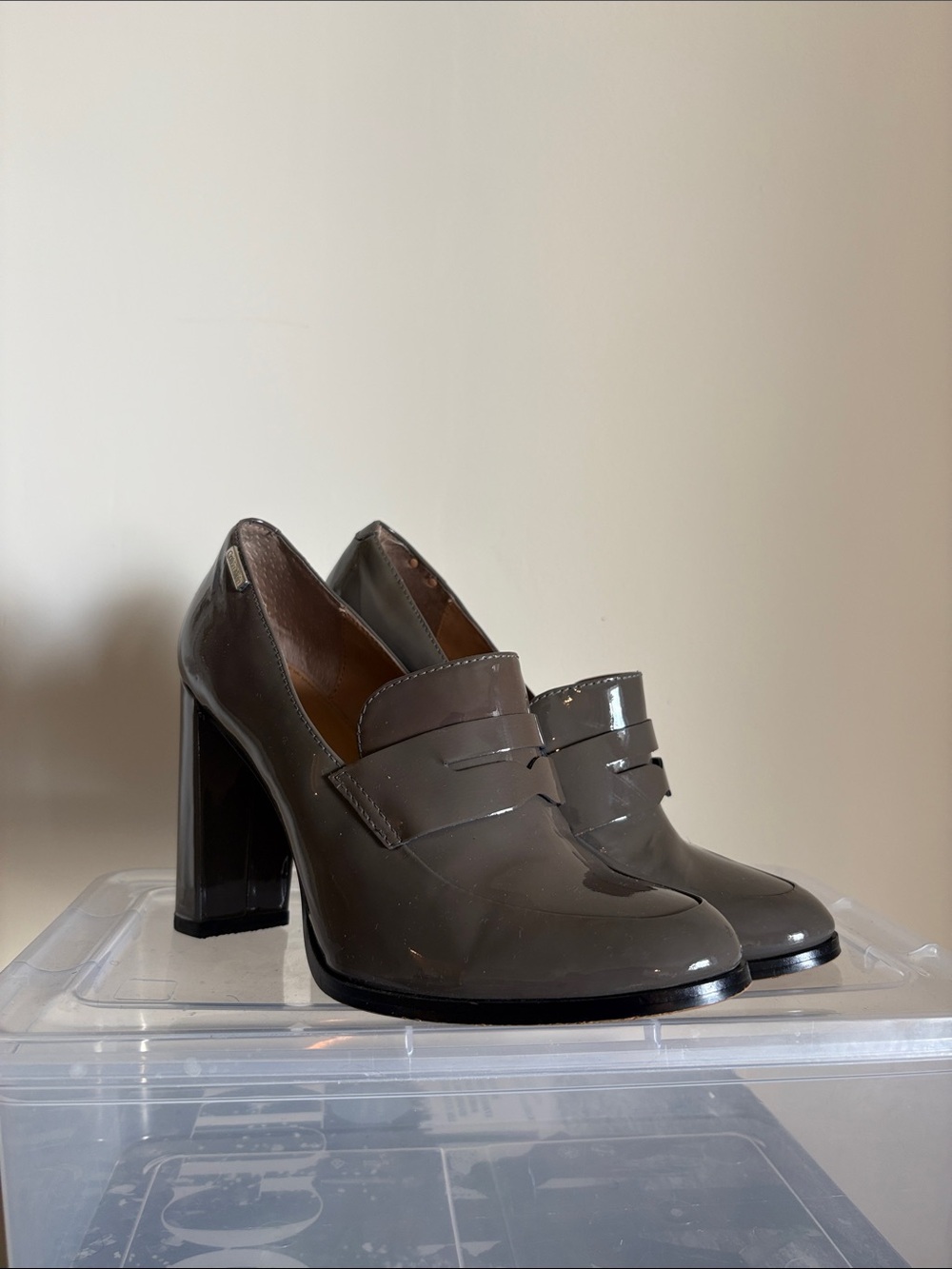 Calvin Klein Gray Patent Block-Heel Loafers